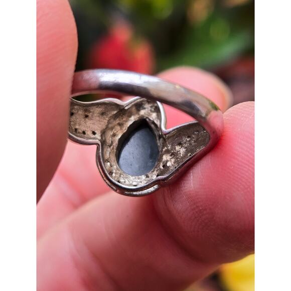 Vintage Solid Sterling Silver Emerald Cut Teardrop/Pear Black Onyx Ring, Sz 6.75 - Picture 7 of 8